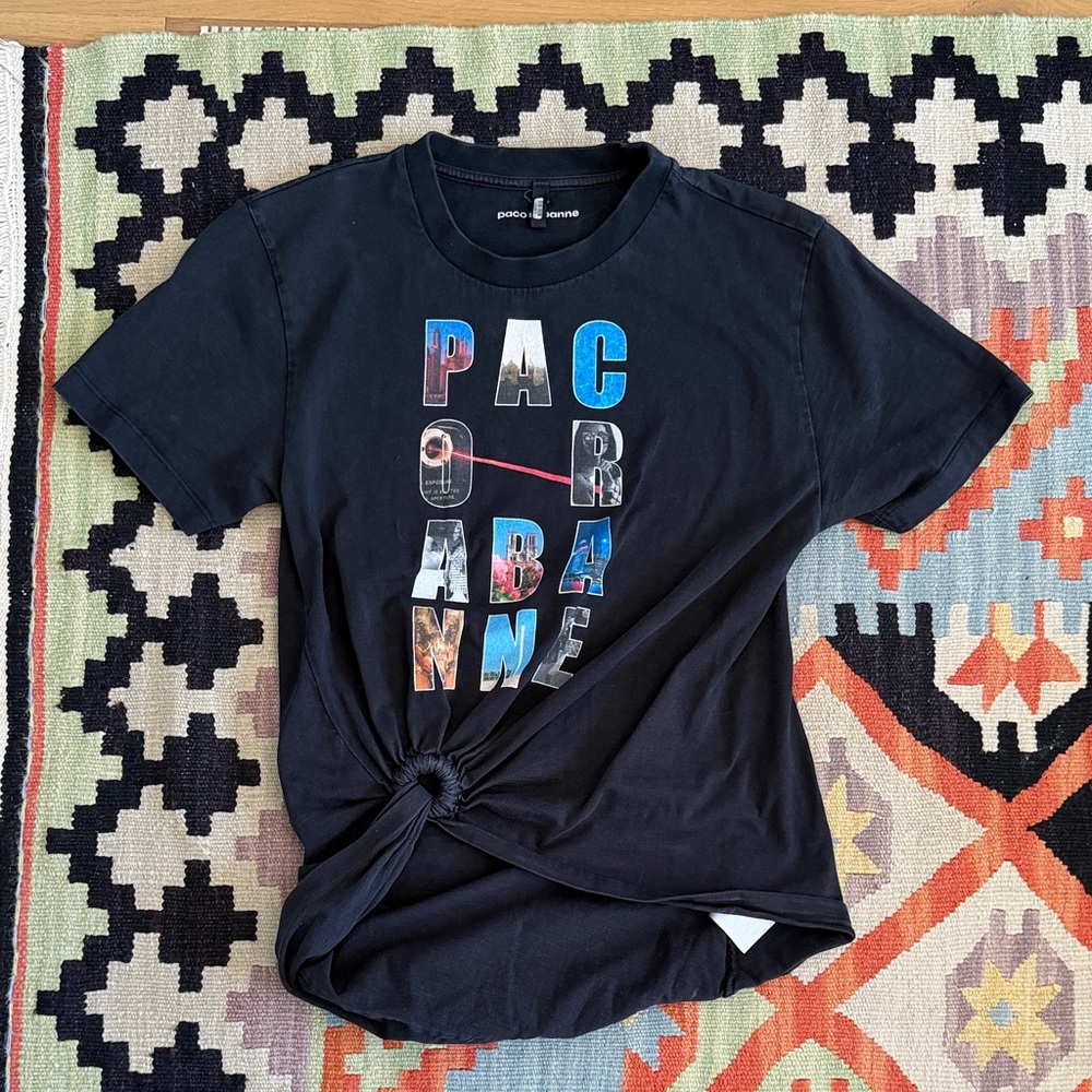 Paco Rabanne Black Tee with Multicolor Lettering and Front Knot